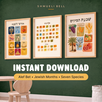 Jewish Classroom Poster Set of 3 — Alef Bet, Jewish Months & Seven Species