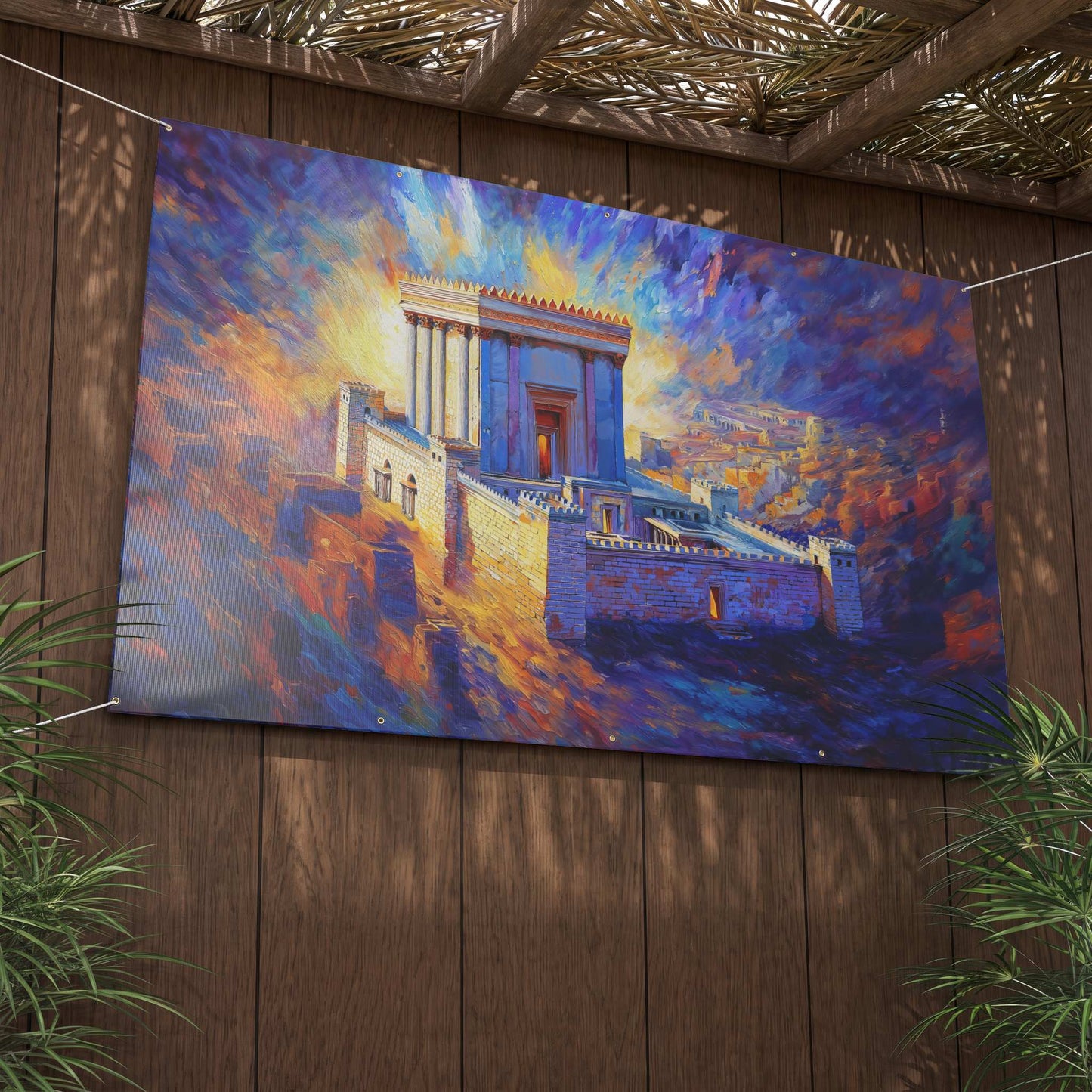 Beis Hamikdash sukkah banner at an angle showing brass grommets and matte vinyl