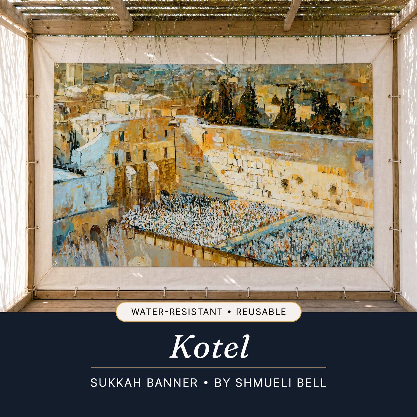 Kotel sukkah banner hanging in a sukkah, Western Wall art by Shmueli Bell