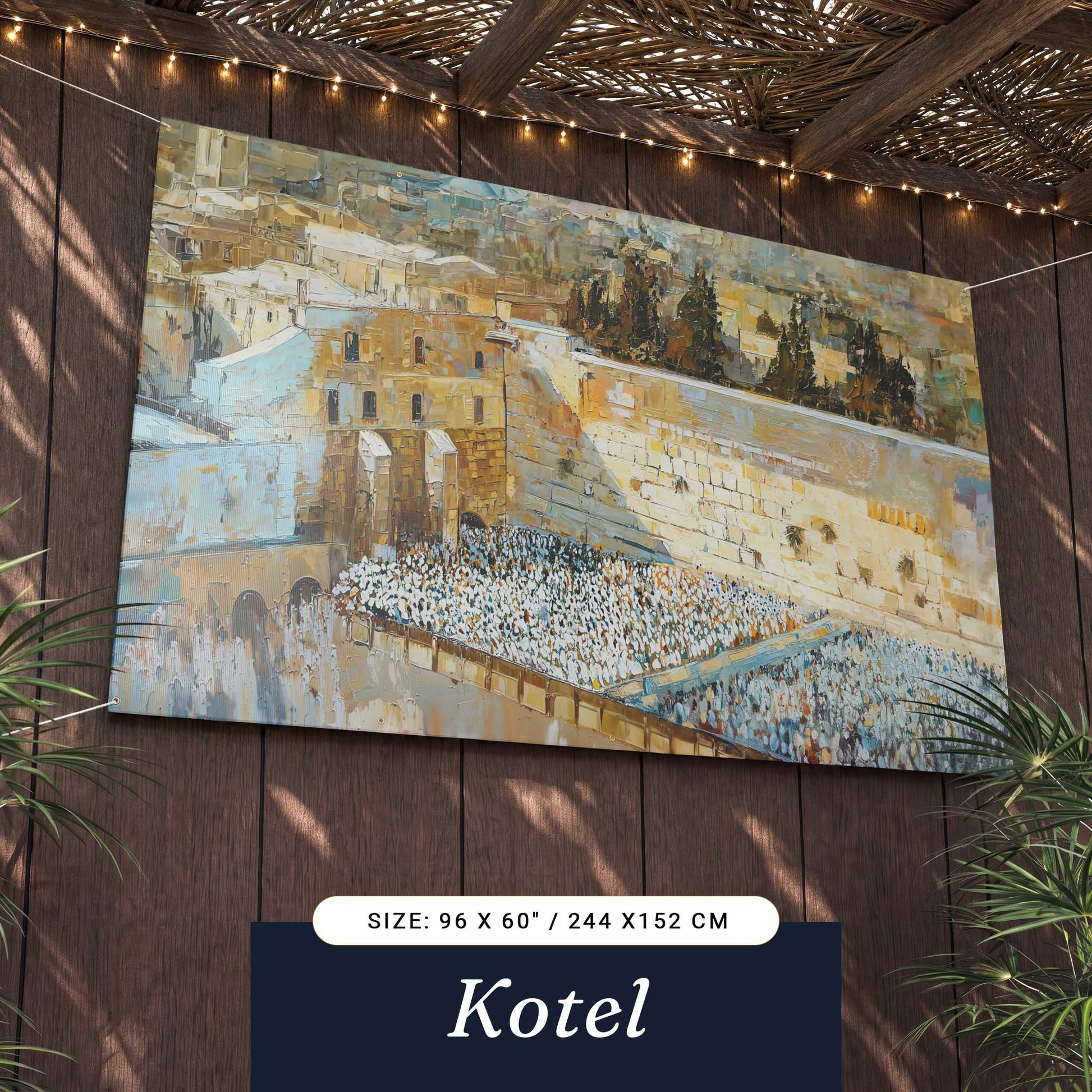 Kotel sukkah banner at an angle showing brass grommets and matte vinyl