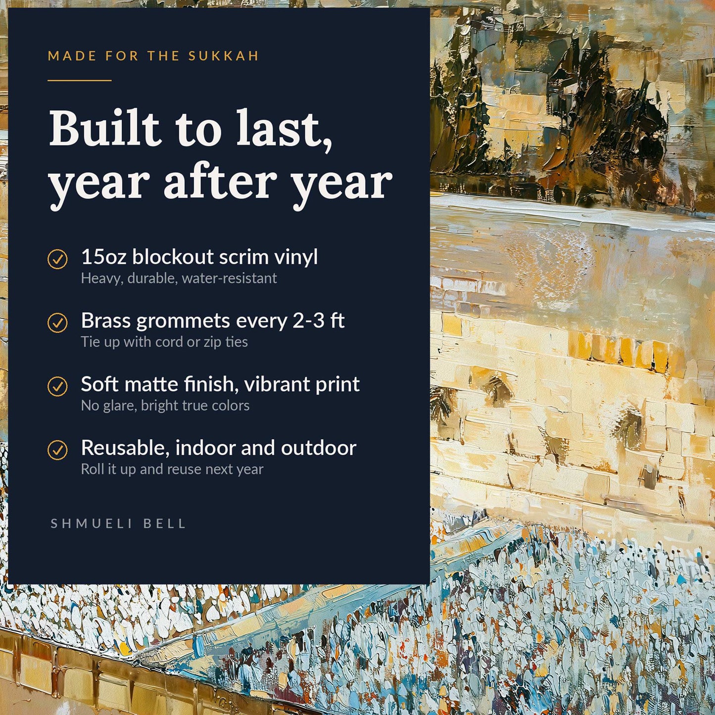 Kotel sukkah banner features, 15oz weatherproof vinyl with brass grommets, reusable
