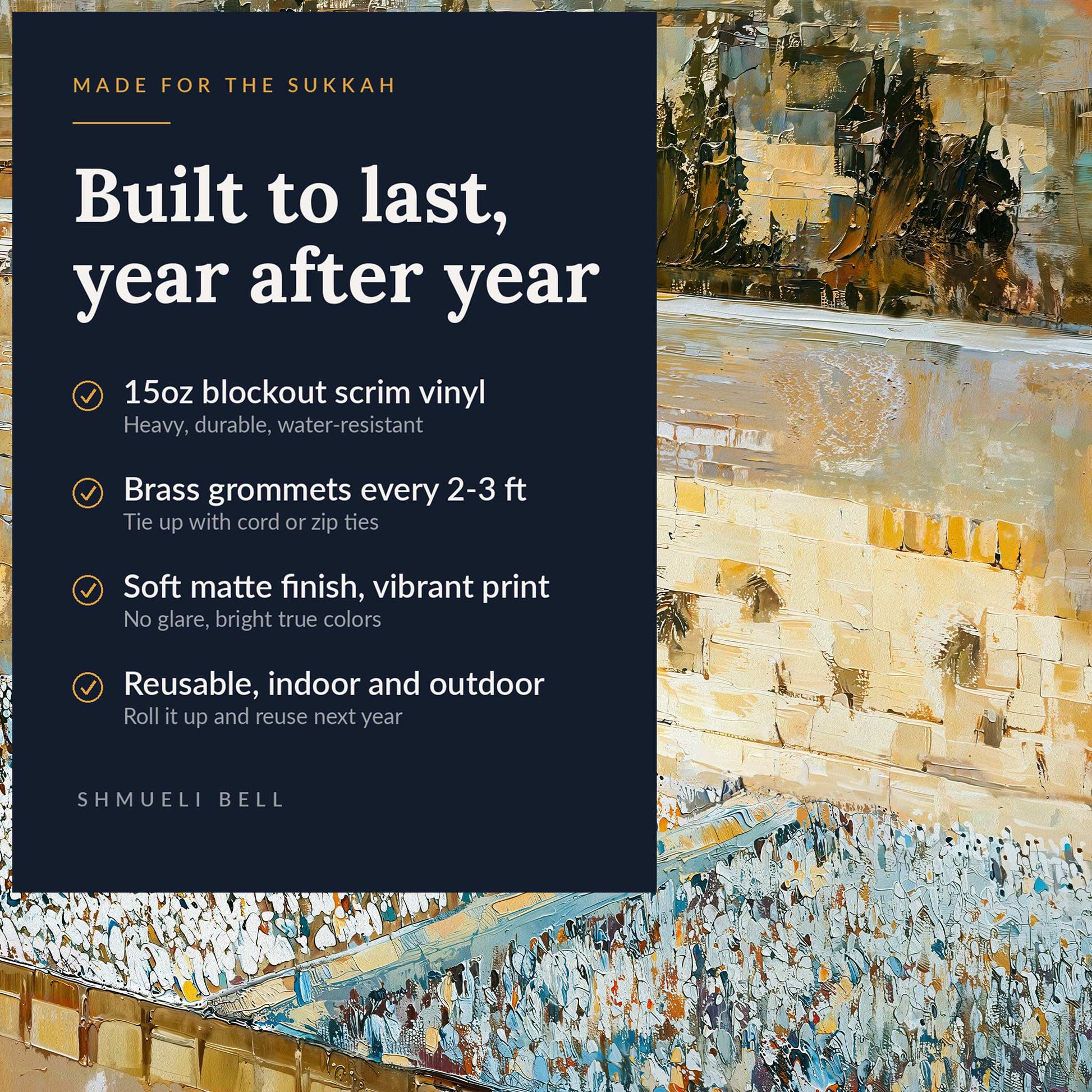 Kotel sukkah banner features, 15oz weatherproof vinyl with brass grommets, reusable