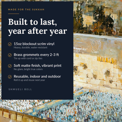 Kotel sukkah banner features, 15oz weatherproof vinyl with brass grommets, reusable