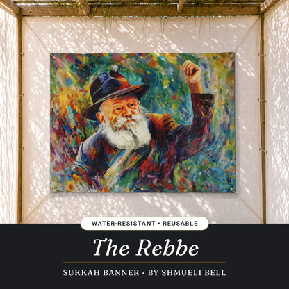 Lubavitcher Rebbe sukkah banner hanging in a sukkah, Chabad art by Shmueli Bell