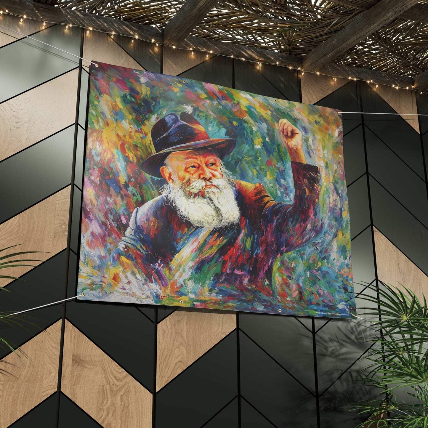 Lubavitcher Rebbe sukkah banner at an angle showing brass grommets and matte vinyl
