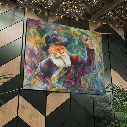 Lubavitcher Rebbe sukkah banner at an angle showing brass grommets and matte vinyl